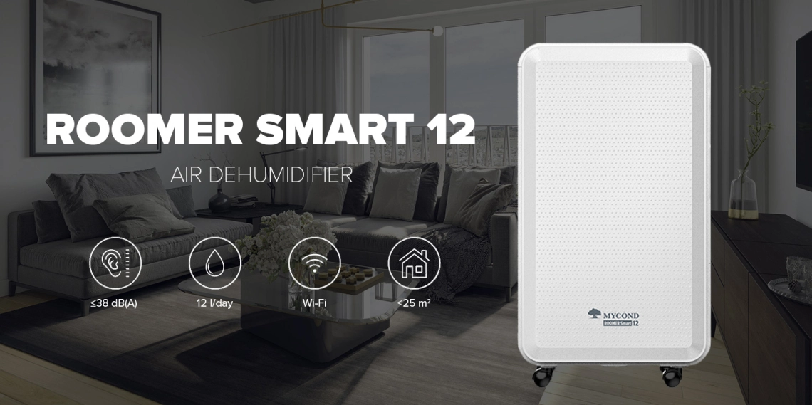 Een MyCond compacte Roomer Smart 12 luchtontvochtiger ontworpen voor gebruik binnenshuis.