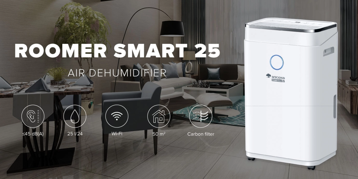 Compacte luchtontvochtiger MyCond Roomer Smart 25 voor grote ruimtes.