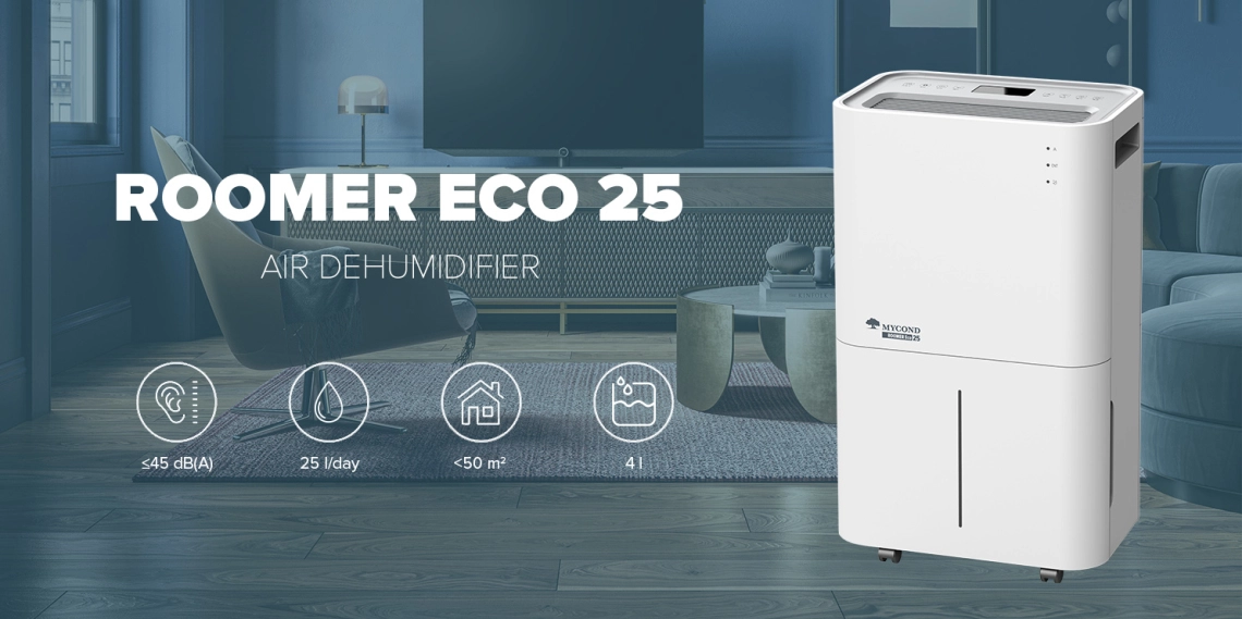 Compacte MyCond Roomer Eco 25 luchtontvochtiger, ideaal voor thuisgebruik.