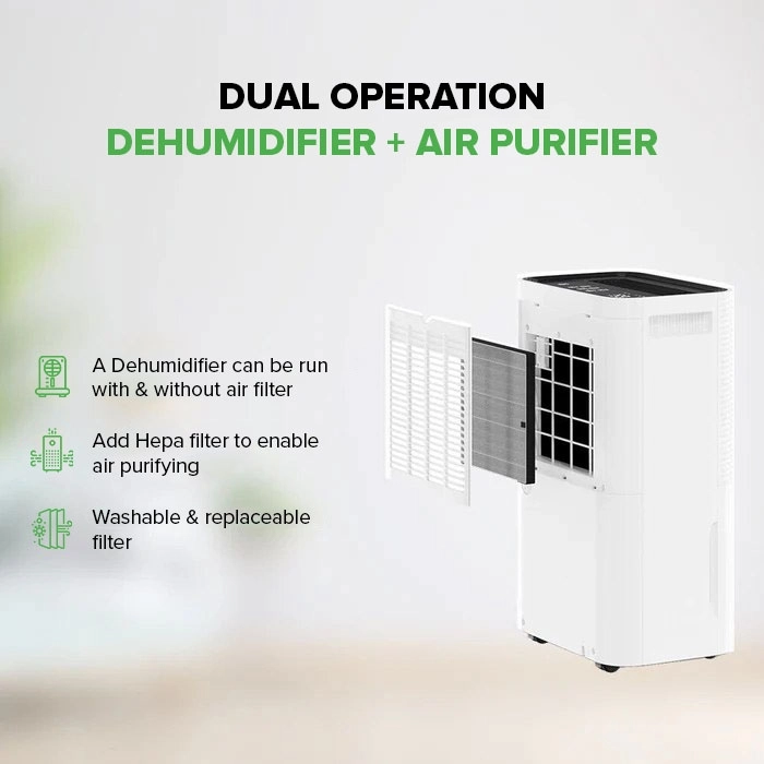 Compacte MyCond Roomer Hepa 25 luchtontvochtiger in een moderne leefruimte.