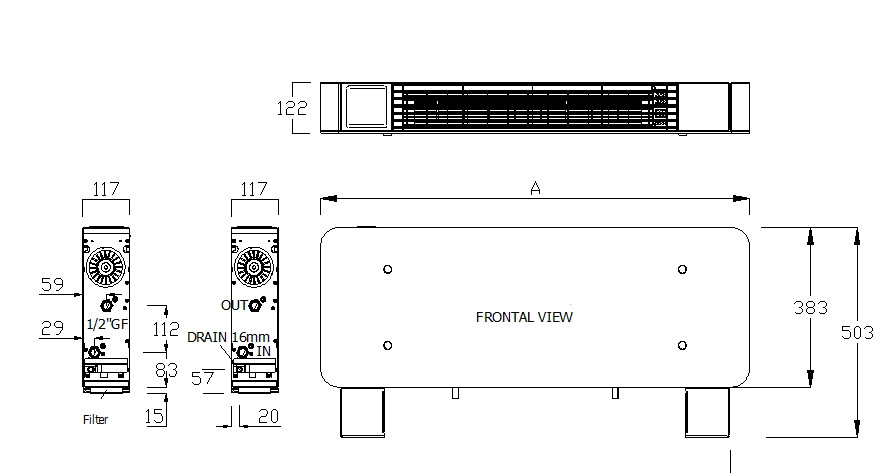 Maatdiagram voor MyCond silver glass low series staande ventilatorconvectoren.