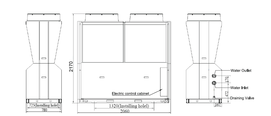 Diagram van de afmetingen van de Mycond Inverter Pro MCU-065YHDD.