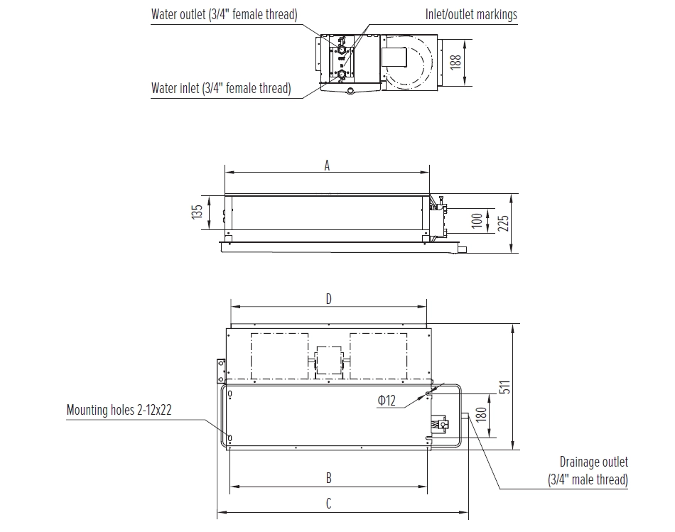 Diagram met afmetingen van de Medium ESP kanaal ventilatorconvectoren MyCond MCFC serie.