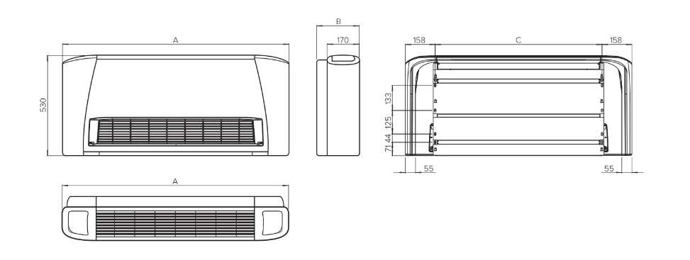 Diagram met afmetingen van de MyCond SEC/F serie ventilatorconvectoren.