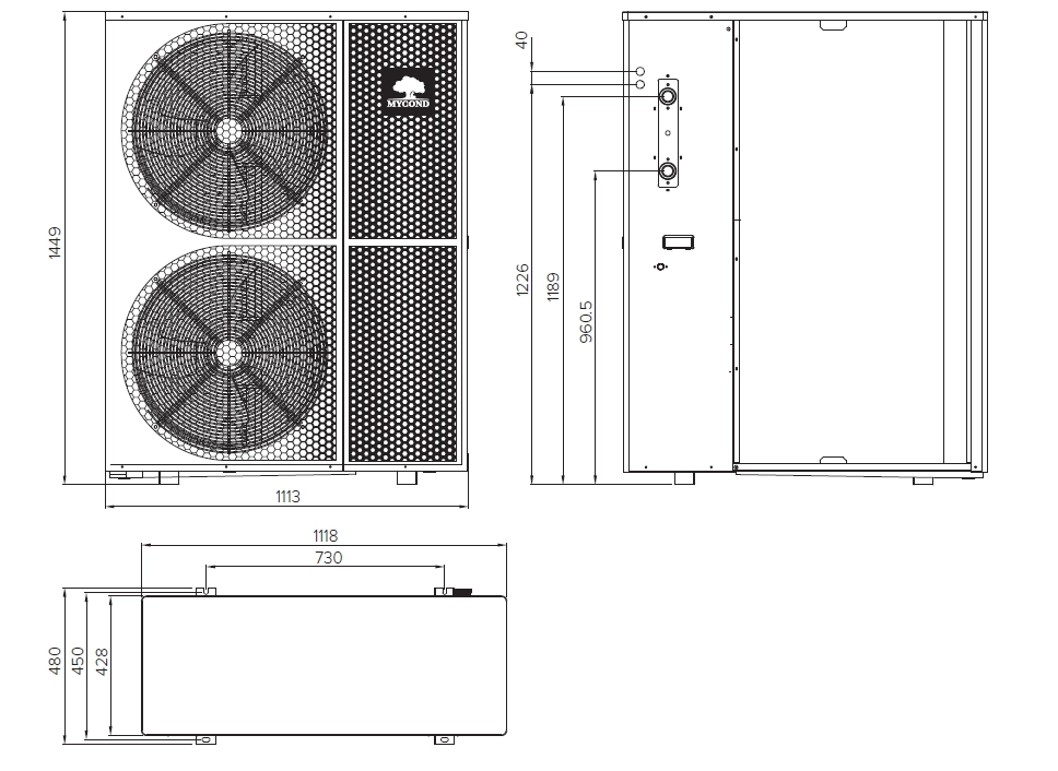 dimensions of the MHCM 18 SU3A / MHCM 24 SU3A