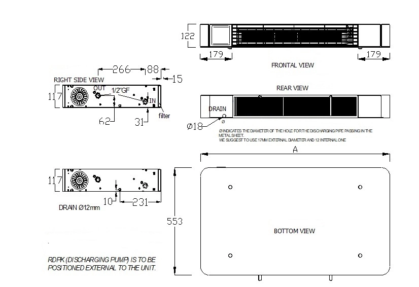 Afmetingen van de MyCond Silver Glass serie staande ventilatorconvector.