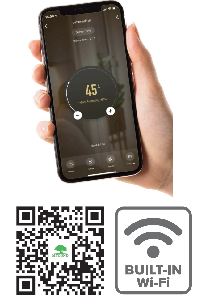 MyCond YUGO Smart 16 luchtontvochtiger in de hand en laat het compacte ontwerp zien.