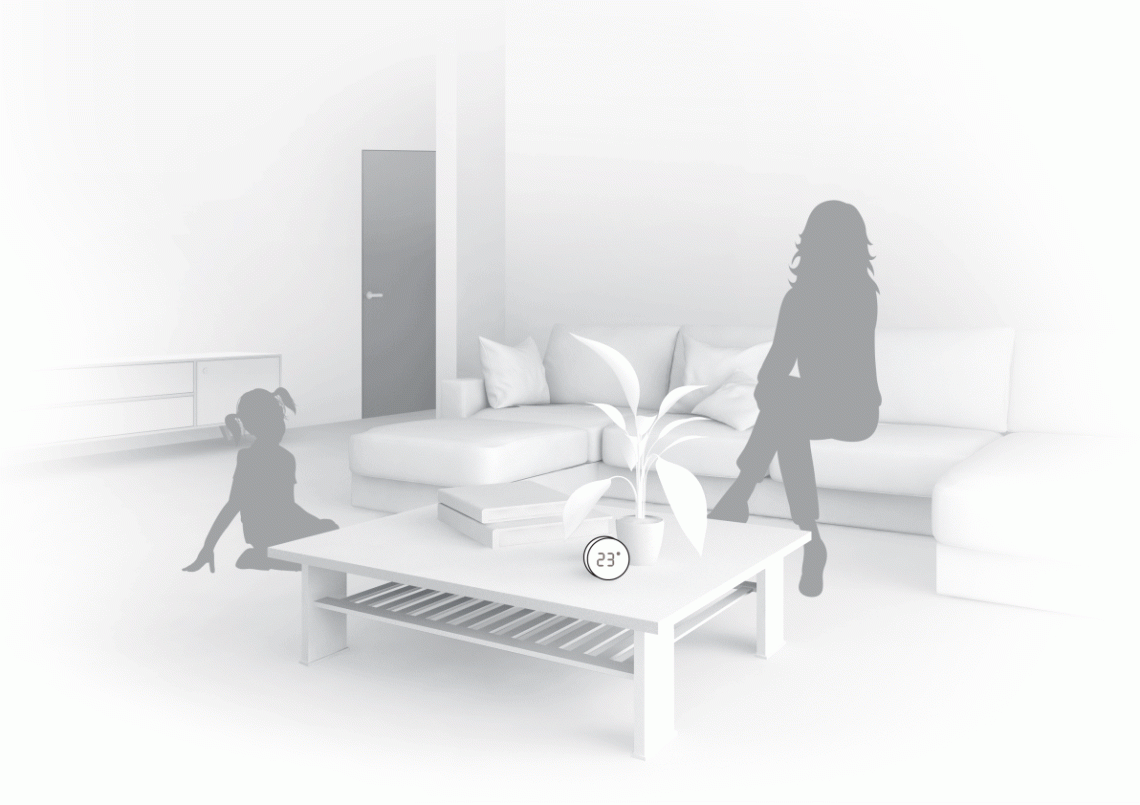 Illustratie van MyCond Zigbee temperatuur- en vochtigheidssensor in gebruik.