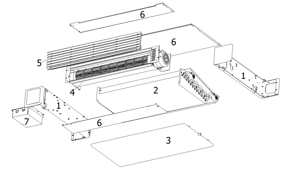 Interne onderdelen van de MyCond Silver Glass serie staande ventilatorconvector.