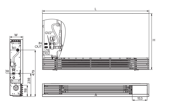 MyCon Silent Diagram met afmetingen van de silent serie staande ventilatorconvectoren.