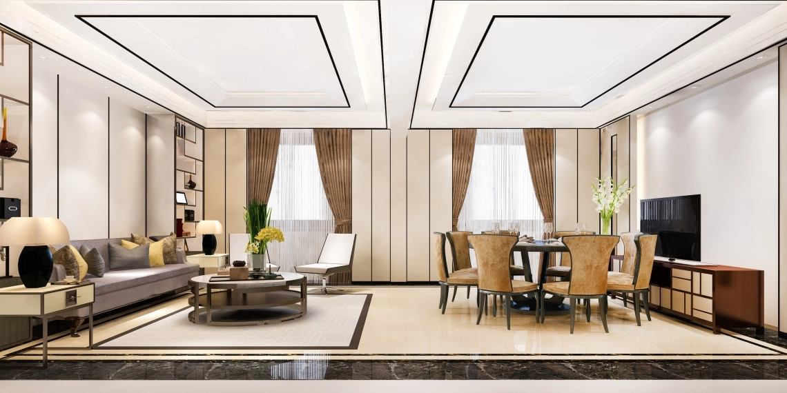 MyCond Een luxueuze moderne eet- en woonkamer met een warmtepomp geïntegreerd in het decor.