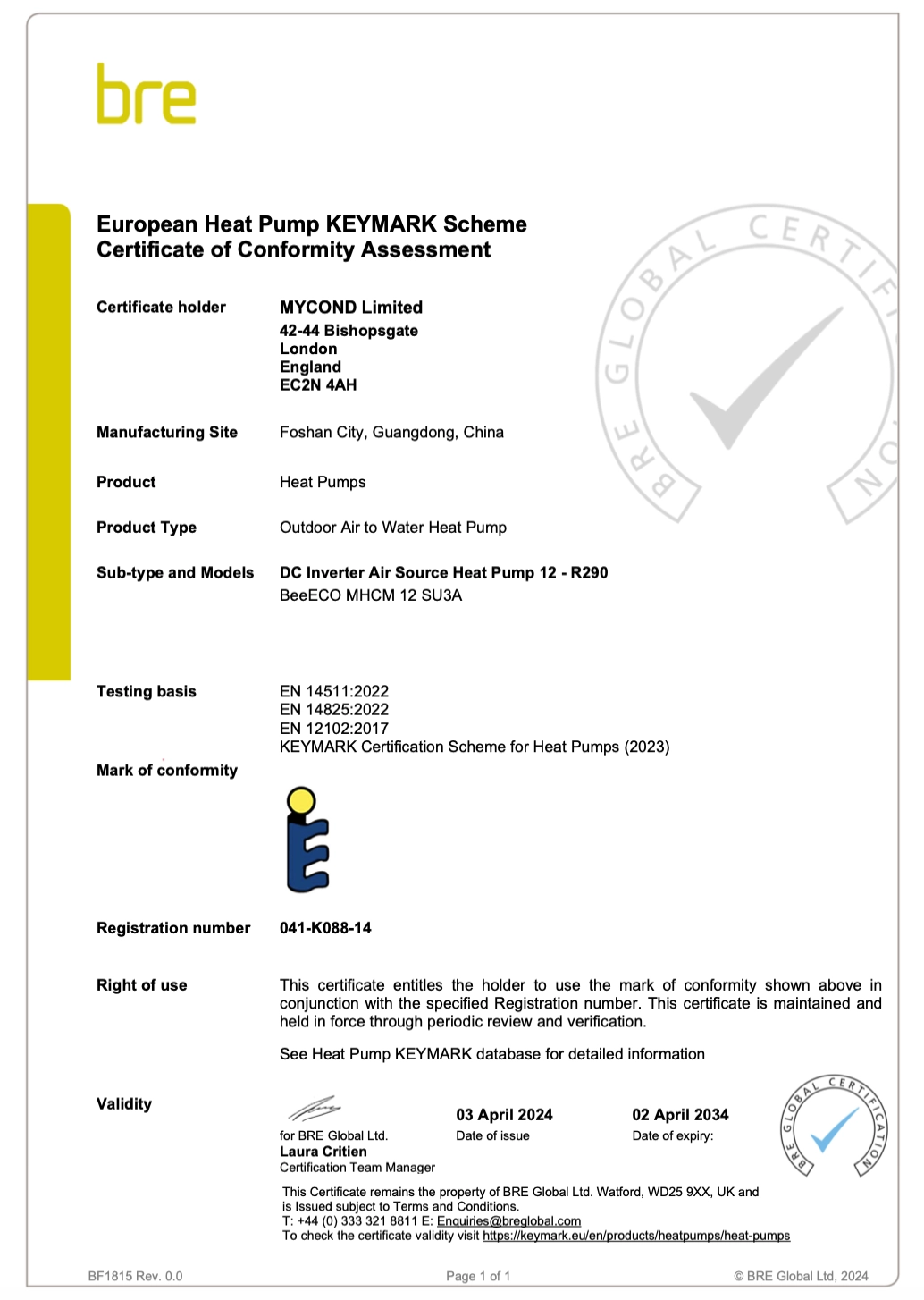 Mycond BeeEco certificaat van overeenstemming KEYMARK