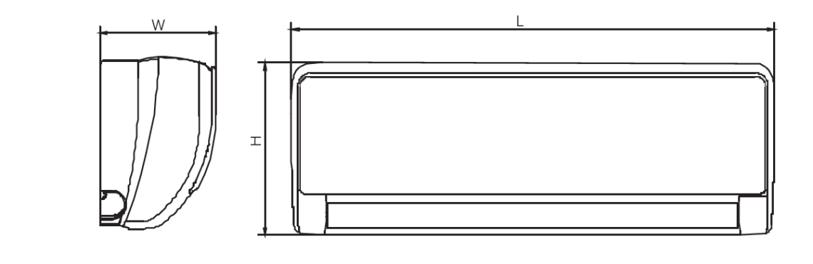 MyCond Diagram met afmetingen van ventilatorconvectoren voor wandmontage uit de MHW-serie.