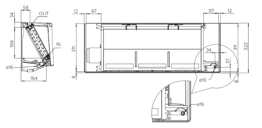 MyCond Afmetingen van ventilatorconvectoren voor wandmontage uit de FHW-serie.