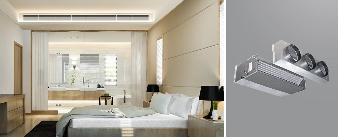 MyCond HPL Een moderne hotelkamer met een medium ESP kanaal ventilatorconvector.