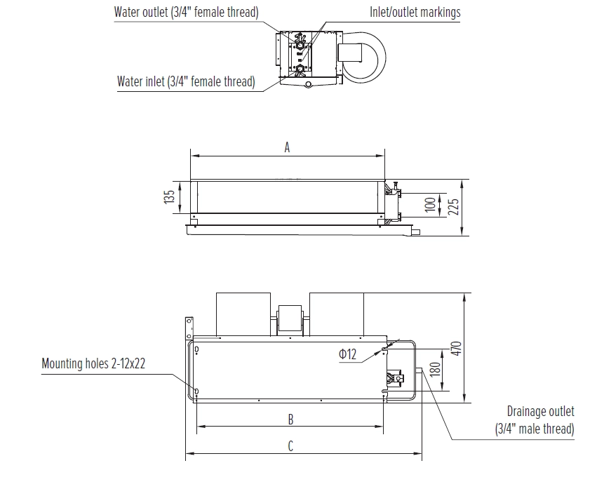 MyCond MCFC Diagram van Medium ESP ventilatorconvector afmetingen en specificaties.
