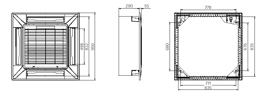 MyCond MCFK-T2 Slank, elegant ontwerp van 4-weg cassette ventilatorconvector in plafond.
