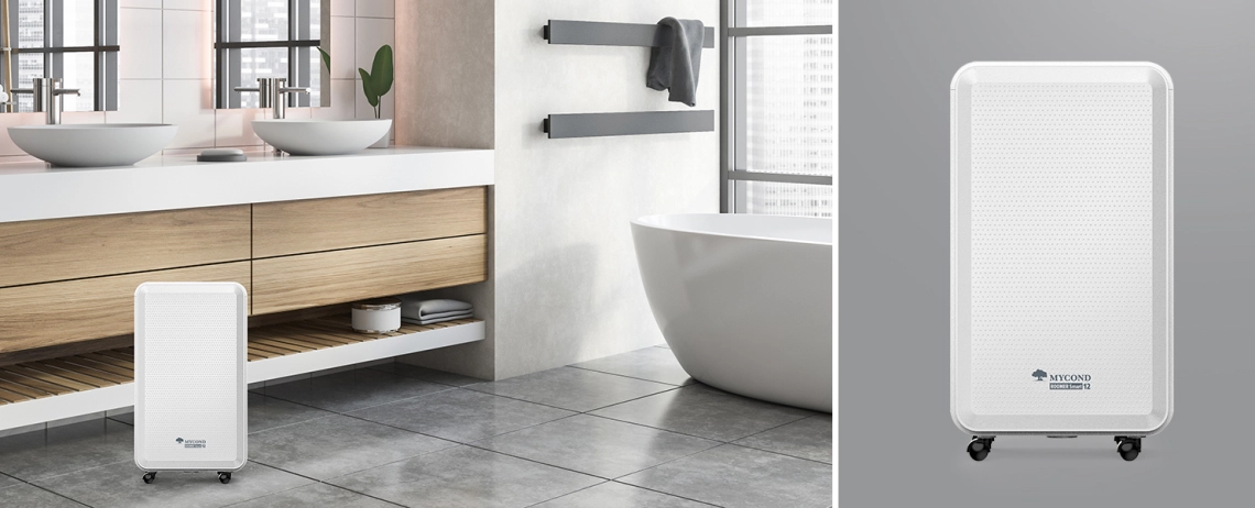 MyCond Roomer Smart 12 Een compacte luchtontvochtiger, ideaal voor gebruik in de badkamer.