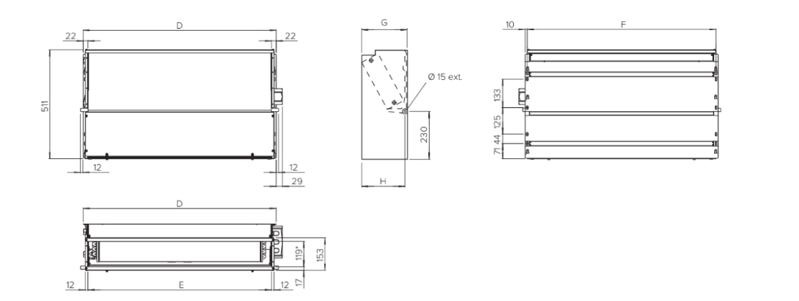 MyCond SEC/F Diagram van afmetingen van ventilatorconvectoren voor verwarmings- en koelingsregeling.