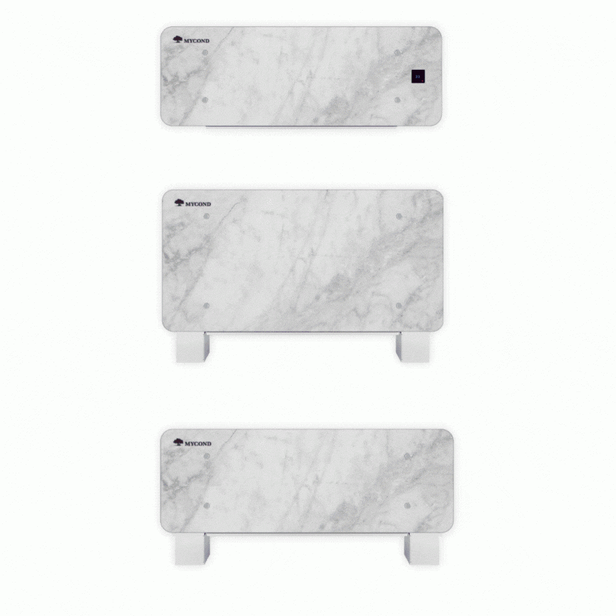 MyCond Silver Glass Low Designer vloerconvector met een moderne zilveren glazen afwerking.
