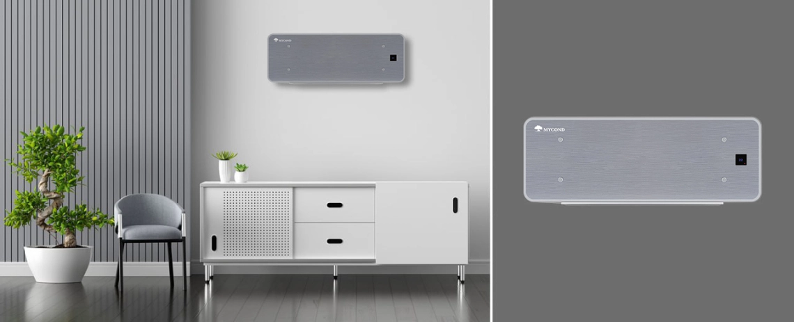 MyCond Silver Glass Wall Ultradunne ventilatorconvector met zilverkleurig glazen ontwerp en intuïtieve bediening.