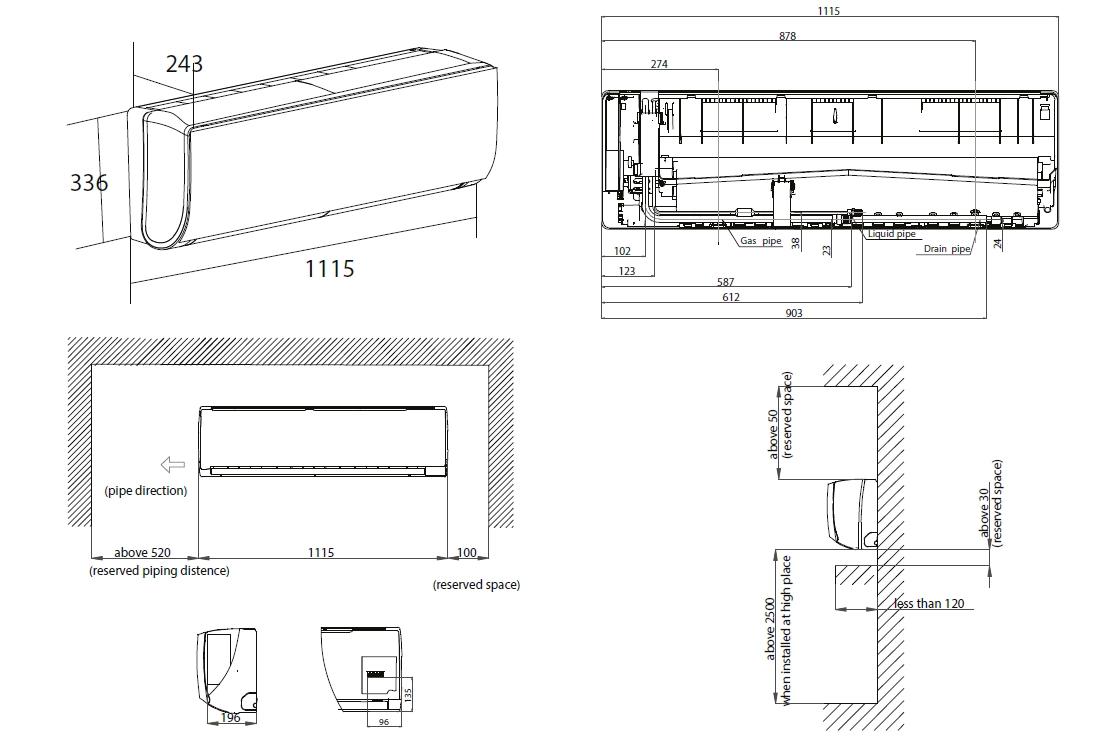 MyCond Wandmontage F-serie - totale afmetingen - 2