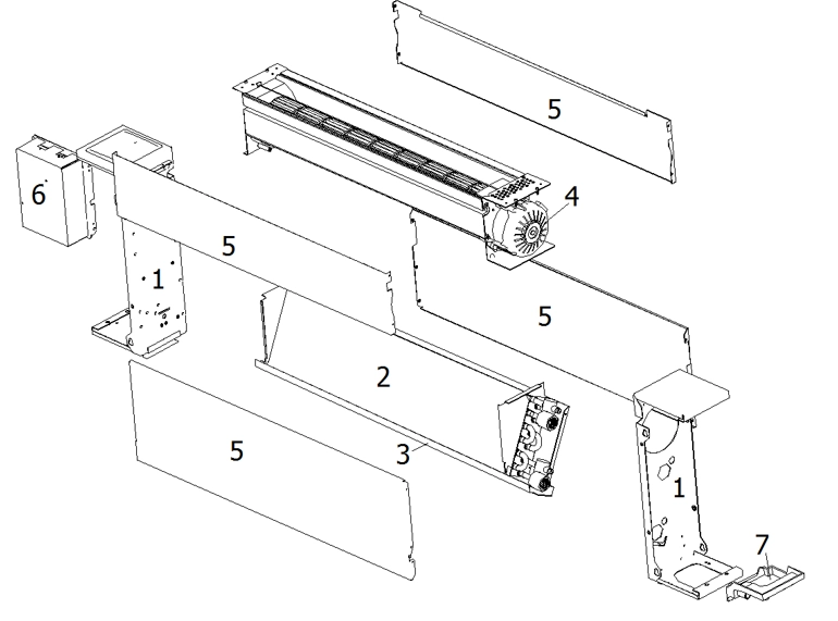 Schema van ultradunne staande ventilatorconvector uit de MyCond Silver Glass Low serie.