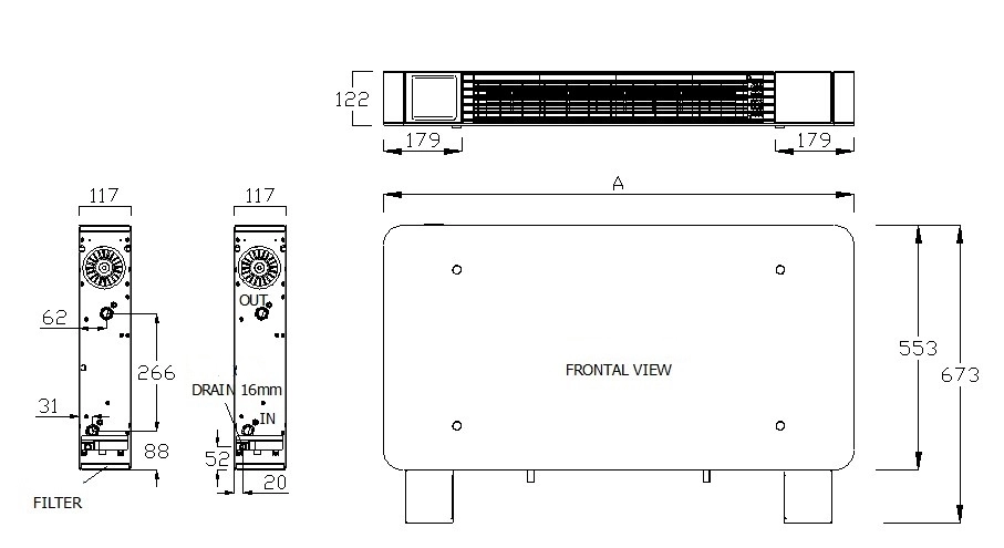 Strakke staande ventilatorconvector uit de MyCond Silver Glass serie.