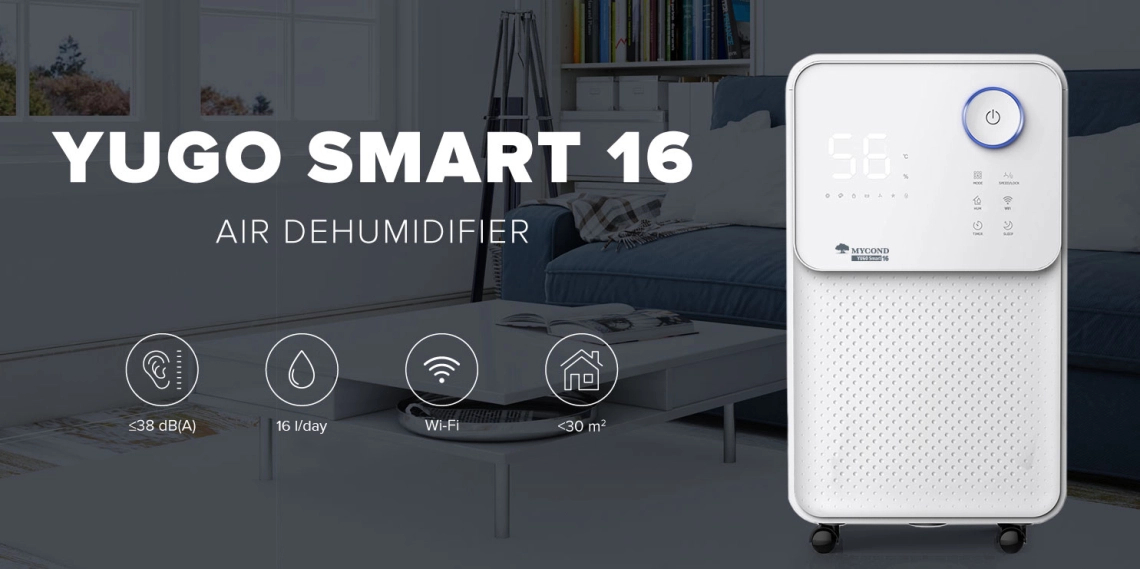 YUGO Smart 16 Compacte luchtontvochtiger met stille werking en hoog rendement.
