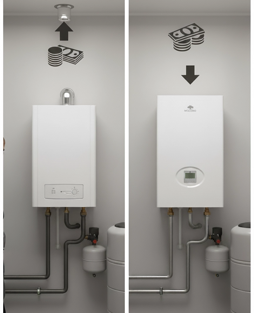 Vergelijking van de verwarmings-efficiëntie: Warmtepomp Mycond versus gasboiler